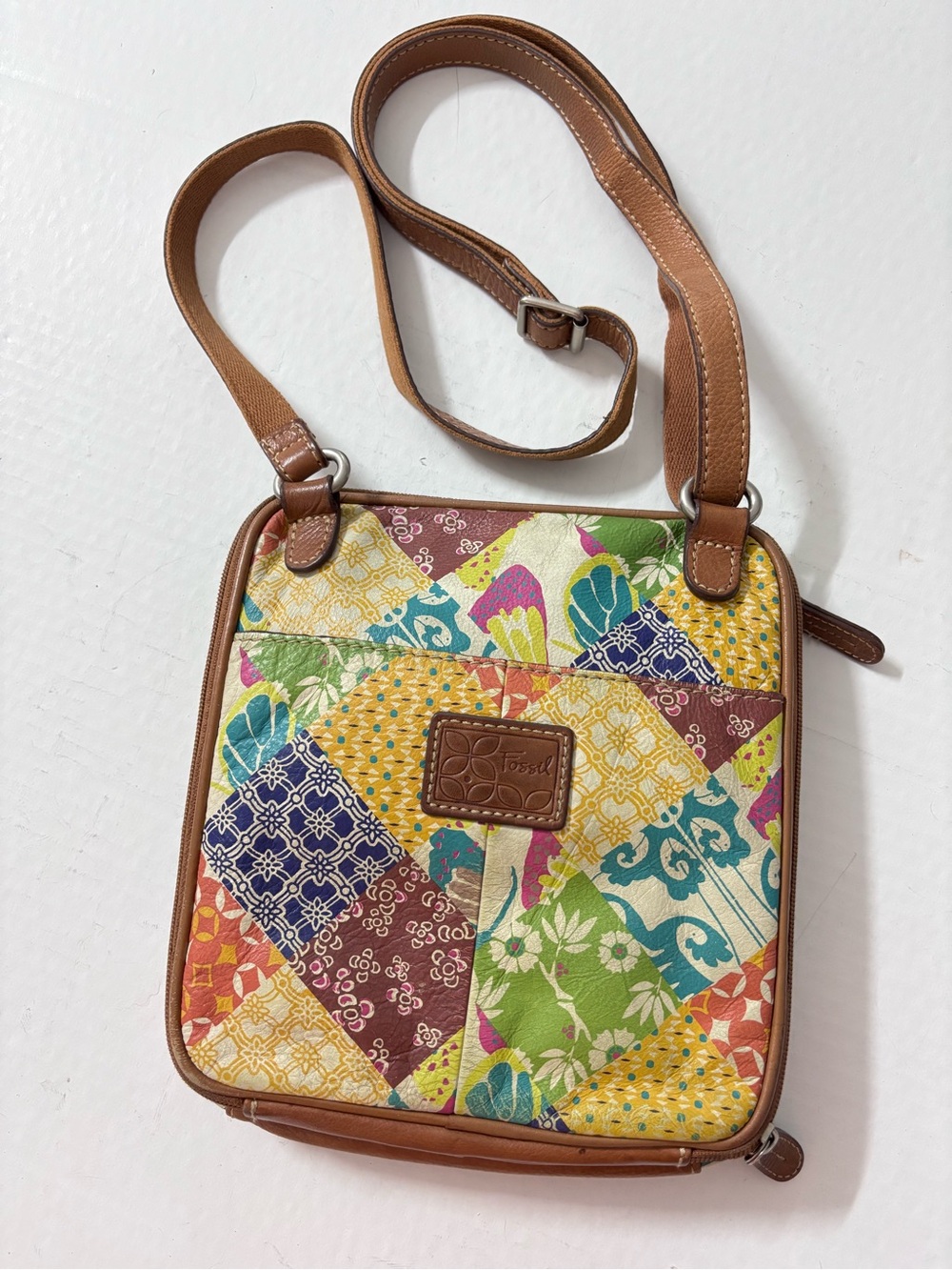 Y2K Fossil Bag Leather Patchwork Crossbody Colorful Floral Geometric